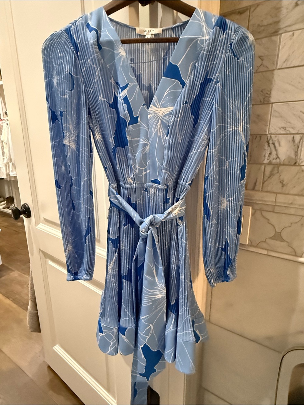 Milly Blue Floral Long-Sleeve Wrap Dress